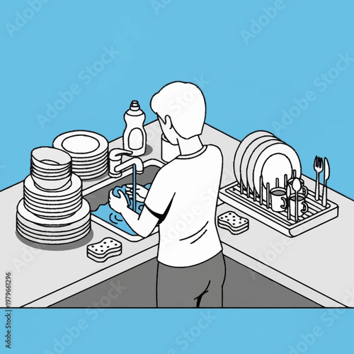 a man washing dishes in a kitchen sink.