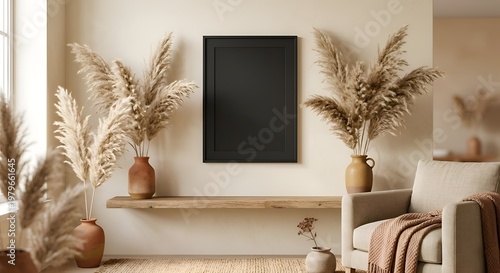modern aesthetic living room with vertical black frame and pampas grass