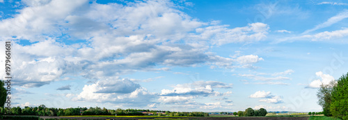 Real natural Wide panorama of a countryside, cloudscape, natural photo of the blue sky with white clouds
