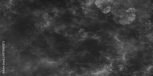 A dark grunge texture blends with black and white abstract smoke and stormy clouds under a night sky where lightning flashes through a misty fog
