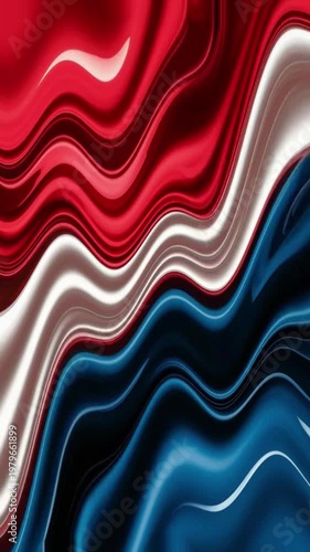 Dynamic tricolor liquid waves in red white and blue flowing smoothly with vibrant glowing highlights.