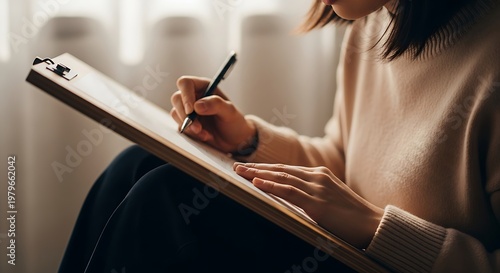 A person drawing on a clipboard with a pen, focused on their work.