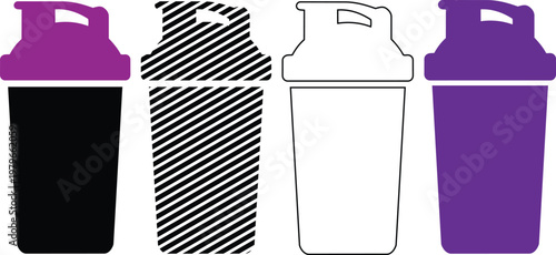 Protein shaker bottle vector illustration, set of various styles, perfect for fitness and nutrition concepts.