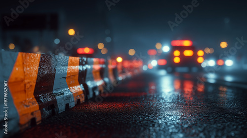 Rain-slicked road at night, wet asphalt reflects distant lights