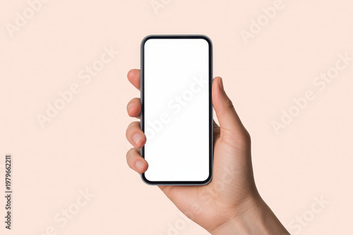 Hand Holding Blank Smartphone On Isolated Pastel Background For Mobile Technology Concepts