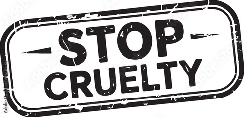 Stamp rectangular icon features bold black text reading Stop Cruelty set against a white backdrop with distressed edges to emphasize a clear message of protest against harmful animal treatment.