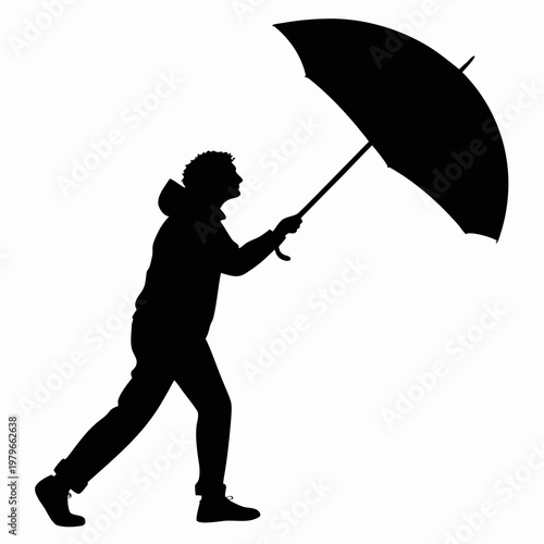 Black silhouette, person holding umbrella, windy weather icon, people illustration