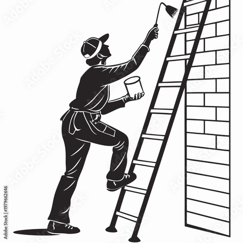 House painter silhouette on ladder, professional decorator painting brick wall with brush, home renovation and maintenance service vector illustration
