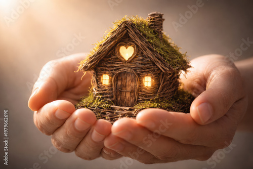 A miniature house made of interwoven twigs resting safely inside a pair of cupped adult hands, dramatic soft lighting, 