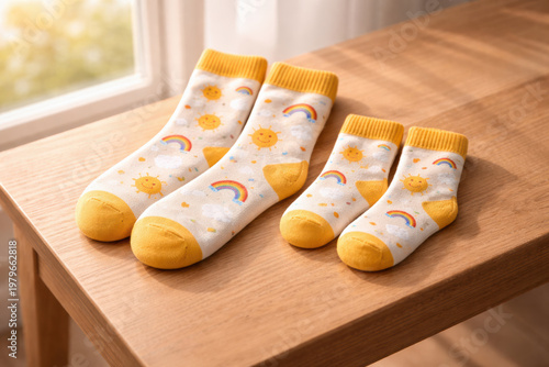 Two pairs of socks (one adult, one child) with Matching colorful socks for parent and child with cute sun and rainbow patterns neatly on a smooth wooden bench by a window, symbolizing family bond.