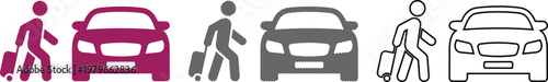 Traveler with suitcase and car vector illustrations in magenta and hatched.