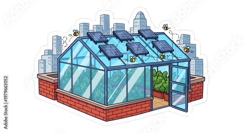 Solar powered greenhouse with city skyline background