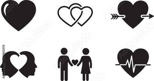 Black silhouettes of heart and love symbols on white