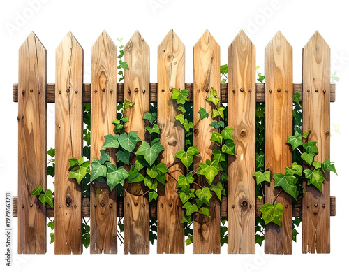 Weathered wooden picket fence adorned with lush green ivy vines