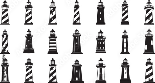 Collection of various lighthouse silhouettes in black and white