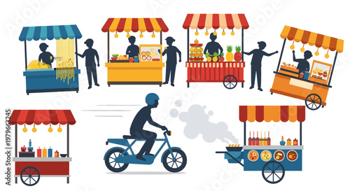 Street food vendors and motorcycle on urban road scene