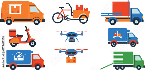 Delivery and Transportation Icons Set Featuring Van, Bike, Drone, Scooter, Truck, and Package for Logistics, Shipping, and E-Commerce Designs