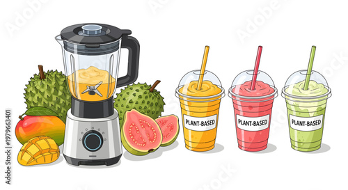 Blender with fruits and smoothies, healthy drink concept