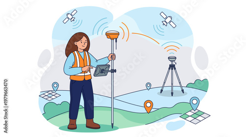 Female surveyor using GNSS RTK receiver and tablet for land mapping illustration