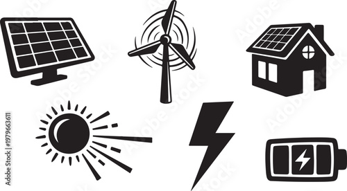 Renewable Energy Sources and Sustainable Living Icons Vector