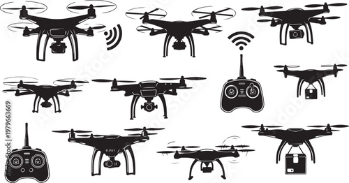 Drones and remote controls in various positions and motions