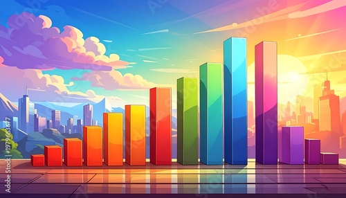 Colorful Bar Graph Rising Against a Cityscape at Sunset.