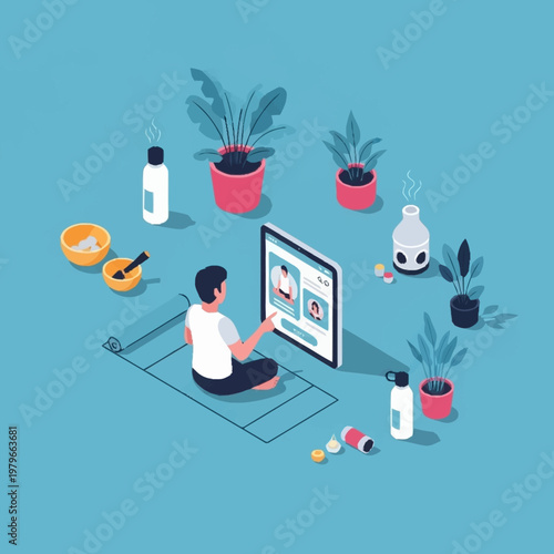 Man relaxing at home with plants and hobbies.