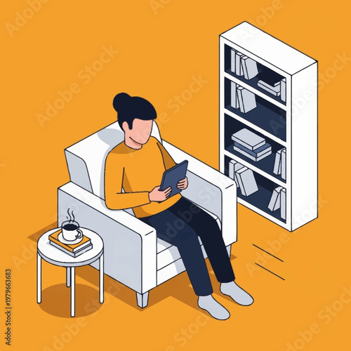 Woman relaxing with tablet and coffee.