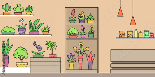 Flower shop interior graphic color sketch illustration vector 