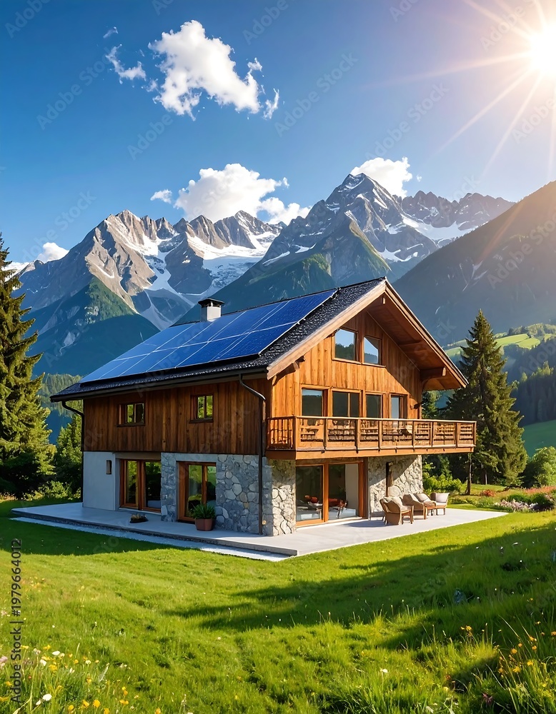 Fototapeta premium Wooden mountain chalet with solar panels, nestled near majestic peaks under sun