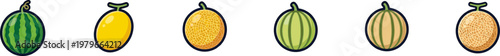 Set of various whole melon and watermelon fruit vectors.