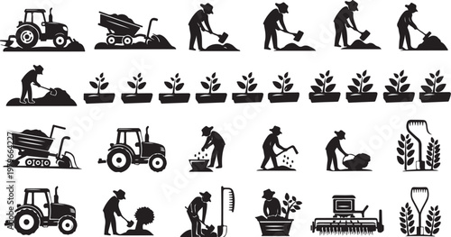 Agricultural icons featuring farming and gardening activities in black