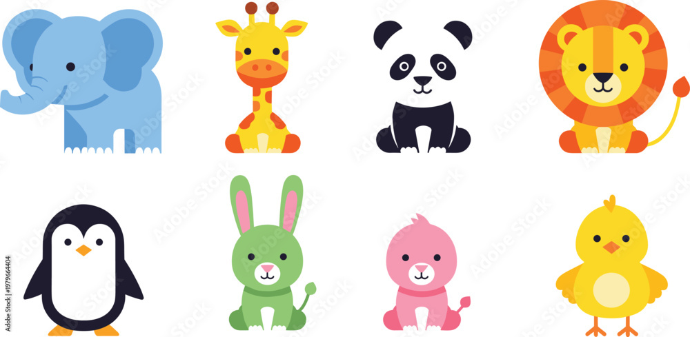 Naklejka premium Cute Animal Icons Set Featuring Elephant, Giraffe, Panda, Lion, Penguin, Bunny, Baby Chick, and Lion for Kids, Nursery, and Fun Designs