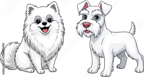 Cute White Dogs Illustration Set Featuring Fluffy Pomeranian and Schnauzer Breeds, Cartoon Vector for Pet Lovers