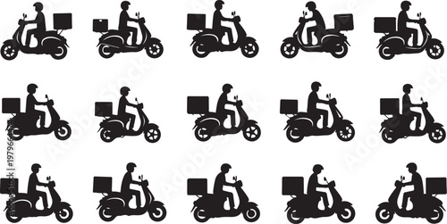 Delivery riders on scooters with boxes in black silhouette