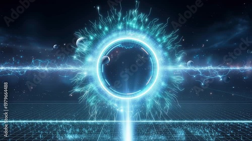 Futuristic neon holographic energy portal deep space digital art cosmic environment cinematic viewpoint sci-fi concept