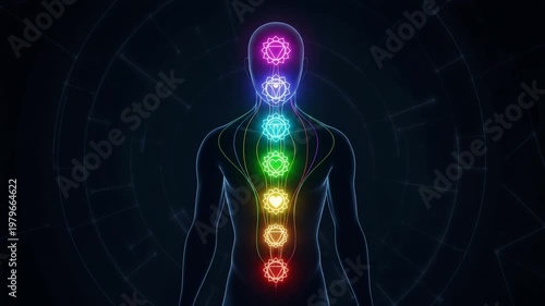 Human Back View with Vertical Chakra Alignment