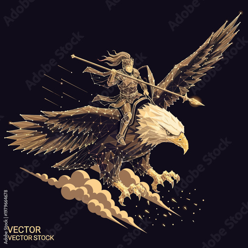 Woman Riding Eagle with Spear Fantasy Illustration.