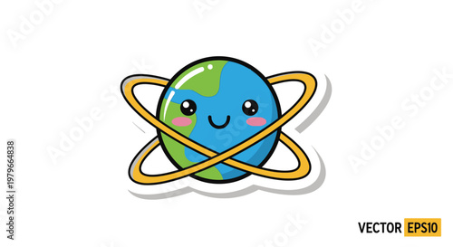 Cute Kawaii Earth planet with orbital rings, happy face, vector illustration