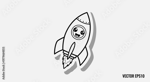 Cute cartoon rocket ship with happy face, vector illustration