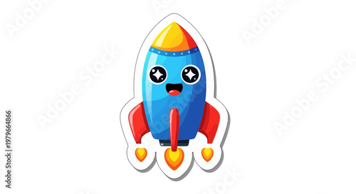 Cute cartoon rocket ship with happy face, space exploration, vector illustration