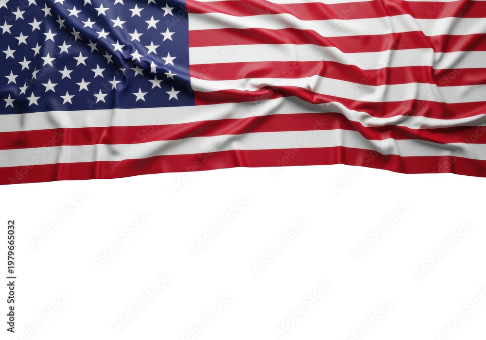 Fototapeta premium Ultra-realistic photo of the usa national flag draped with soft folds and internal shadows, top view against a bright transparent background offering copy space, concept of national pride and