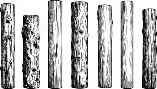 Set of realistic tree trunks in sketch style.