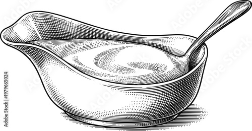Gravy boat with spoon filled with sauce in sketch style.