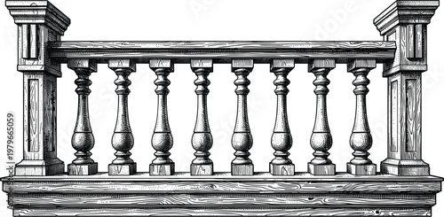 Balustrade with ornate pillars and wooden railing.