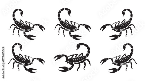 Black scorpion silhouettes set with various poses and positions for animal logo design and tribal tattoos.
