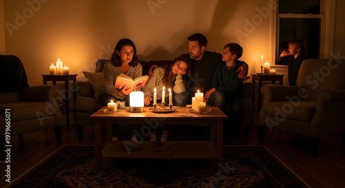 Family Reading Book by Candlelight During Home Power Outage