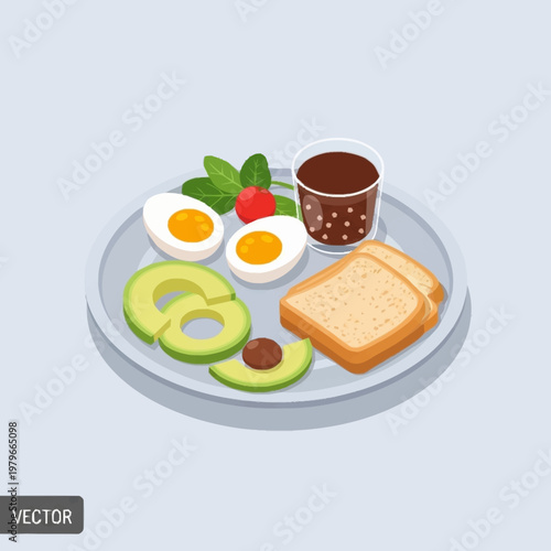 Delicious breakfast plate with eggs avocado toast and coffee.