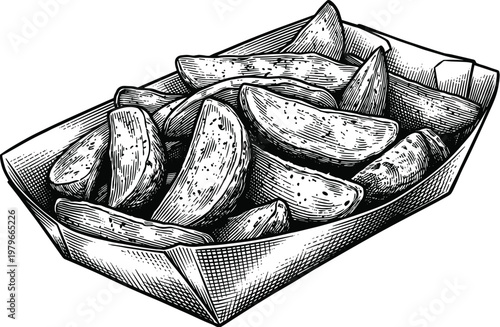 Potato wedges served in paper tray fast food snack delicious french fries.