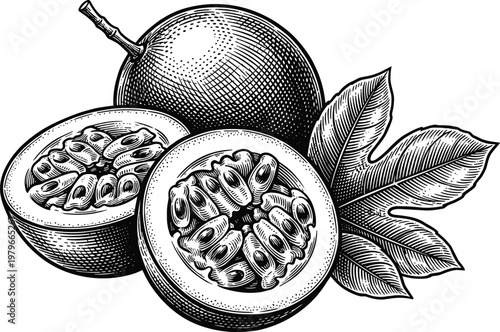 Passion fruit whole and halved with leaves tropical fruit exotic juicy seeds.